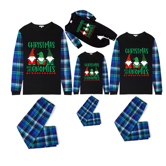 Blue and Green Plaid Christmas Pajamas Set With "Christmas With My Gnomies" Text Print