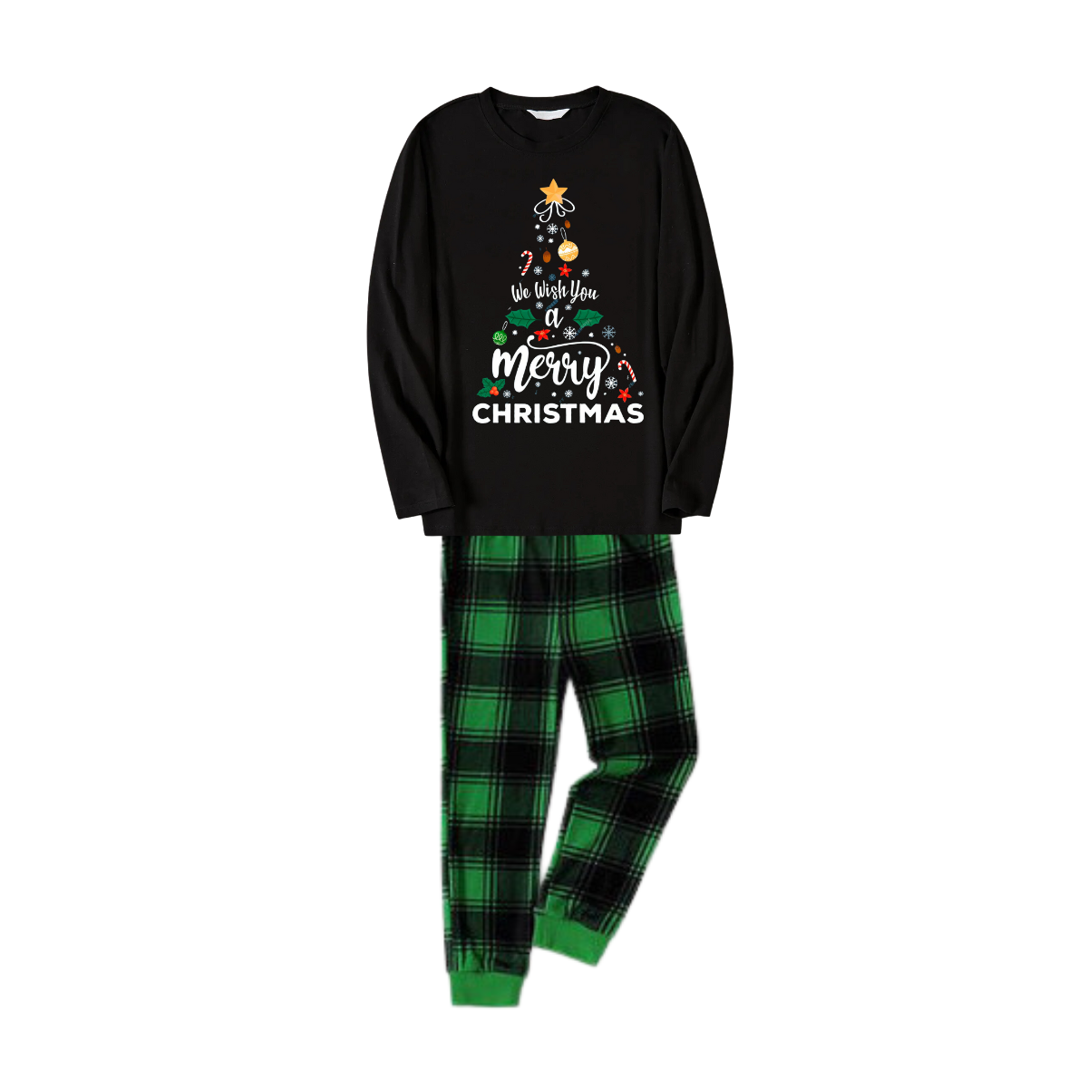 "We Wish You a Merry Christmas" Printed Pattern Black Long Sleeve Top with Black & Green Plaid Pants Couple Matching Pajamas