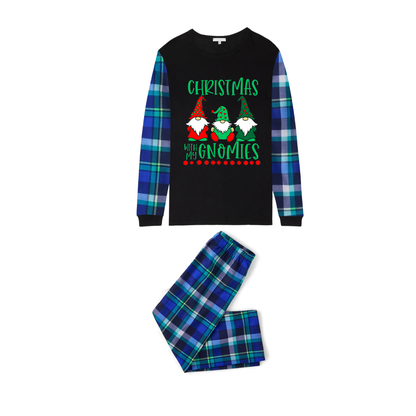 Blue and Green Plaid Christmas Pajamas Set With "Christmas With My Gnomies" Text Print
