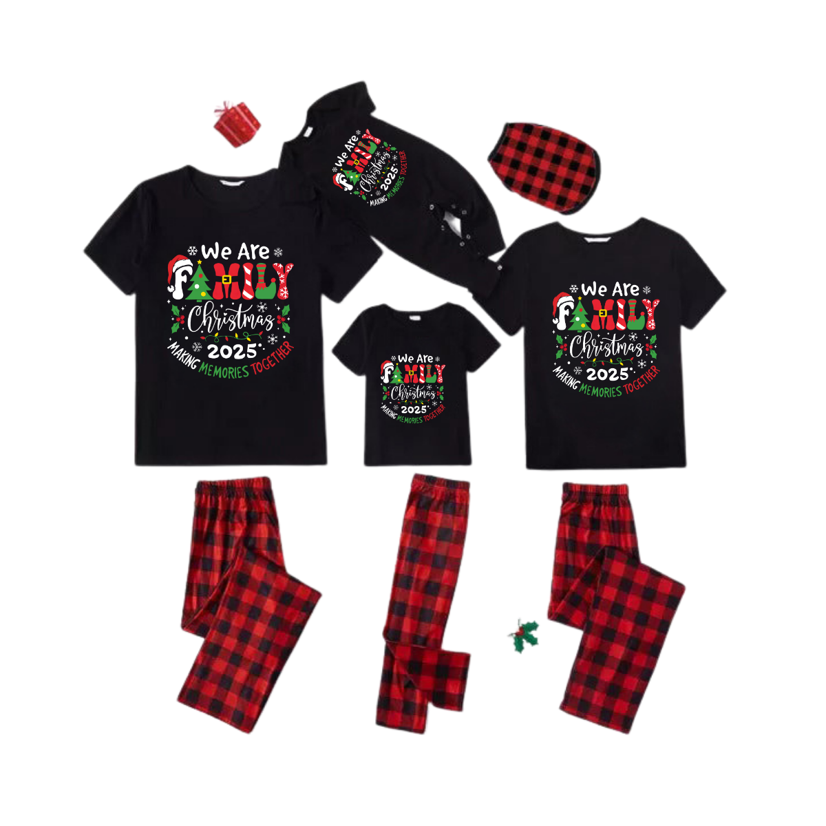 We Are Family Christmas 2025 Family Pajamas Set - Black Top Red Pants Red Plaid Pattern Christmas Letter Print