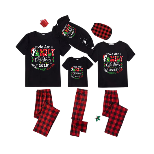 We Are Family Christmas 2025 Family Pajamas Set - Black Top Red Pants Red Plaid Pattern Christmas Letter Print