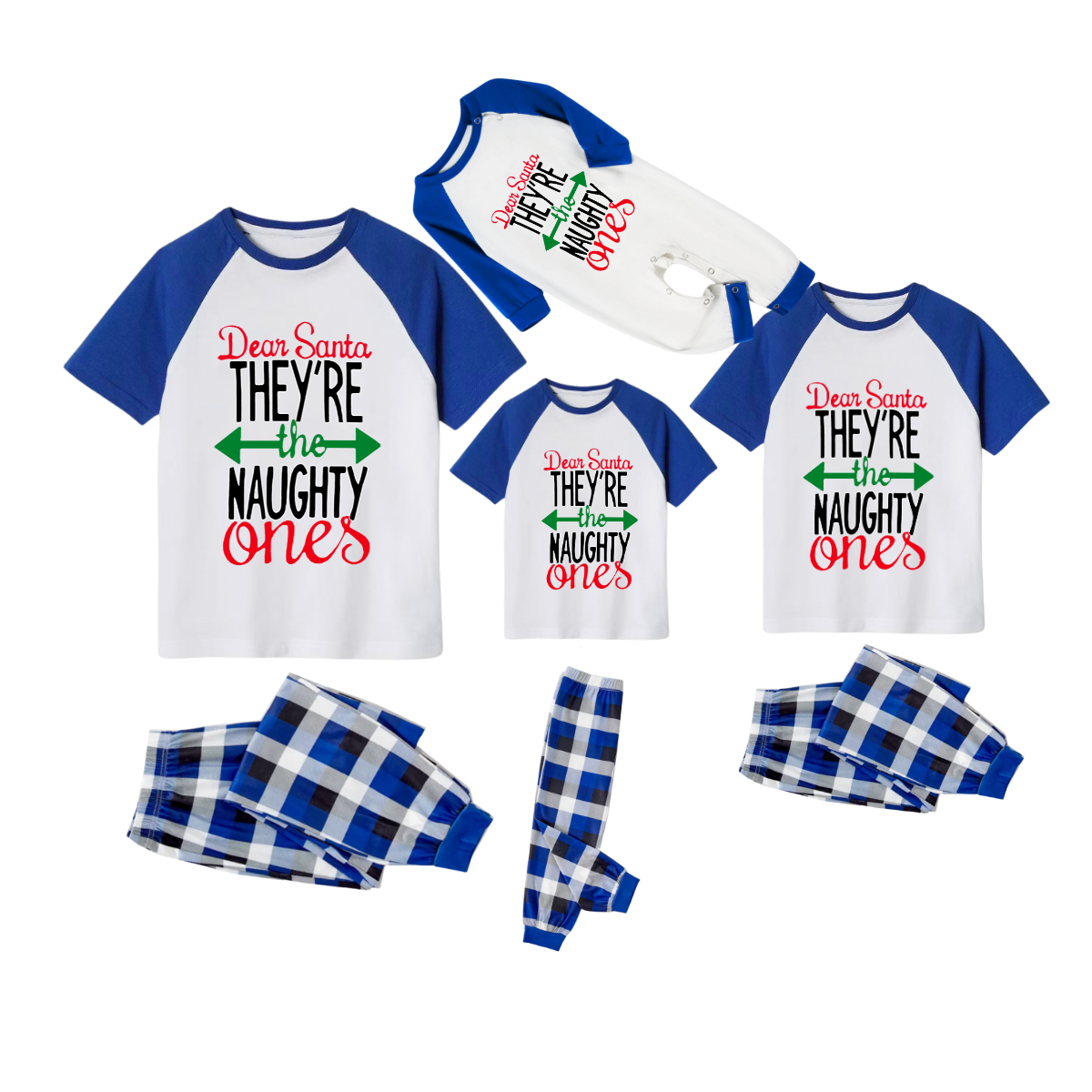 Dear Santa They're the Naughty Ones Family Pajamas Set - White Top Blue Sleeves Blue Plaid Pants Green and Red Text Graphic