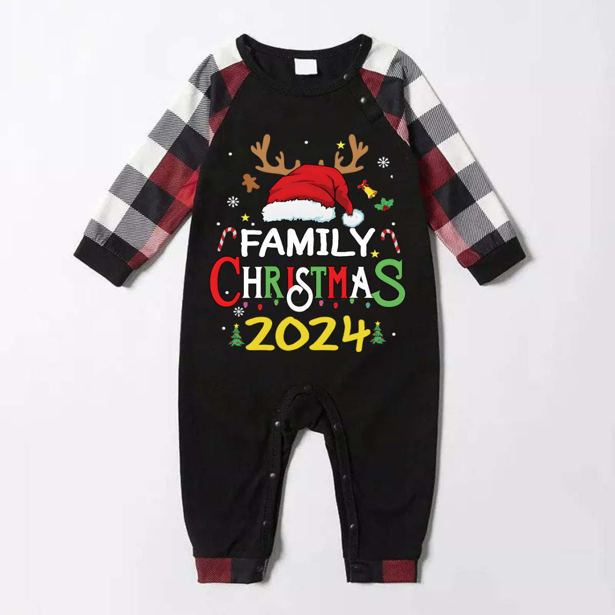 Family Christmas Shirts Santa Hat Christmas Deer Patterned and 'FAMILY CHRISTMAS 2024  ' Letter Print Contrast Tops and Red & Black & White Plaid Pants Family Matching Pajamas Set With Dog Bandana