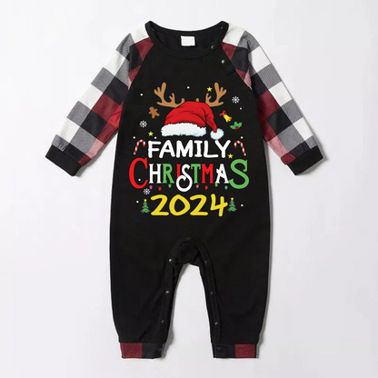 Family Christmas Shirts Santa Hat Christmas Deer Patterned and 'FAMILY CHRISTMAS 2024  ' Letter Print Contrast Tops and Red & Black & White Plaid Pants Family Matching Pajamas Set With Dog Bandana