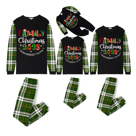 Family Christmas 2025 Making Memories Family Pajamas Set - Black Top, Green Pants, Green Plaid Sleeves