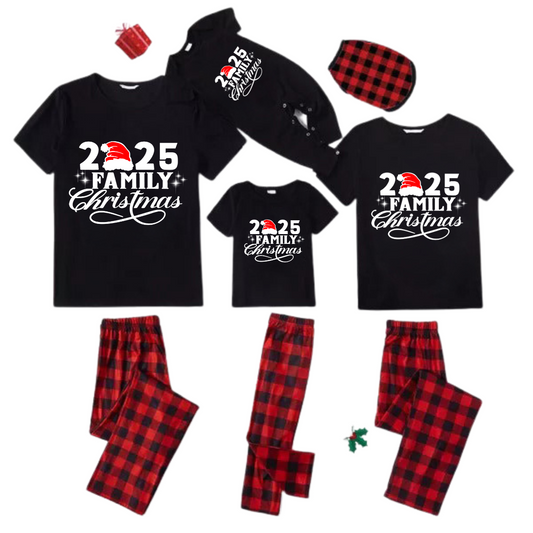 "2025 Family Christmas" Letter Print Black Short Sleeve with Red & Black Plaid Pant Family Matching Pajamas