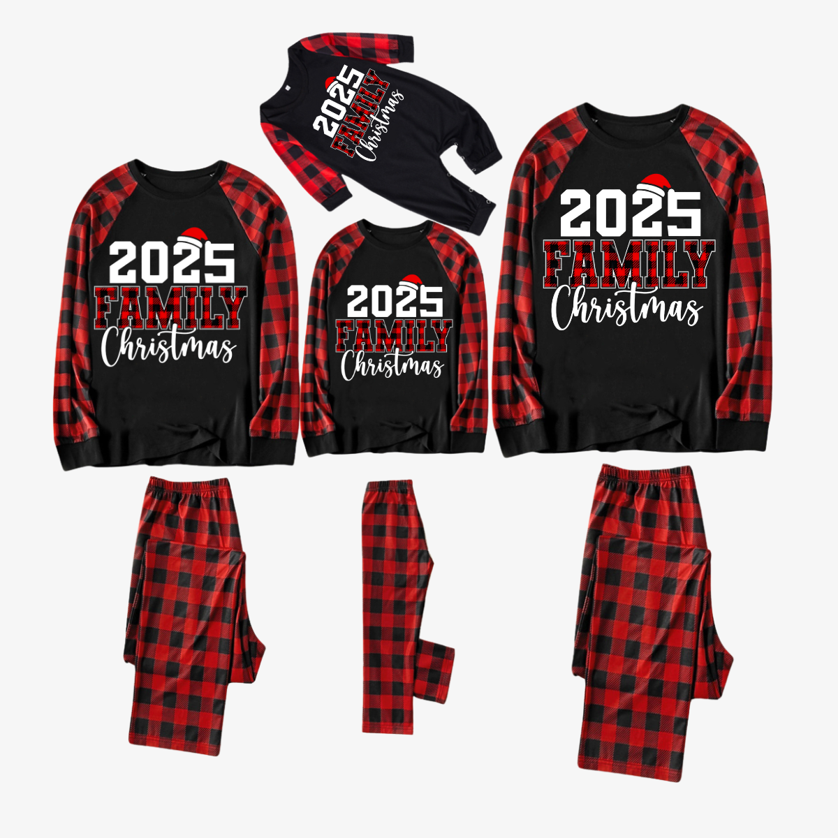 "2025 Family Christmas" Text Print Black & Red Plaid Christmas Matching Pajamas