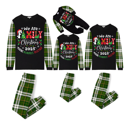We Are Family Christmas 2025 Making Memories Family Pajamas Set - Black Top, Green Pants, Green Plaid Sleeves