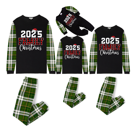 2025 Family Christmas Family Pajamas Set - Black Top, Green Pants, Green Buffalo Plaid Sleeves, Letter Print