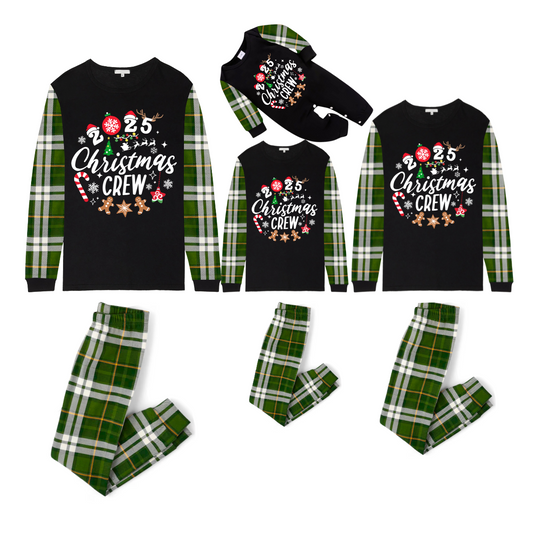 Christmas Crew 2025 Family Pajamas Set - Black Top, Green Pants, Green Plaid Sleeves, Gingerbread Candy Print