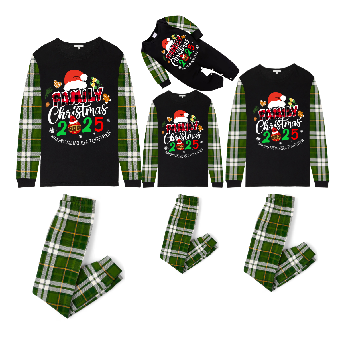 Merry Christmas 2025 Making Memories Family Pajamas Set - Black Top, Green Pants, Green Plaid Sleeves, Santa & Gingerbread Print
