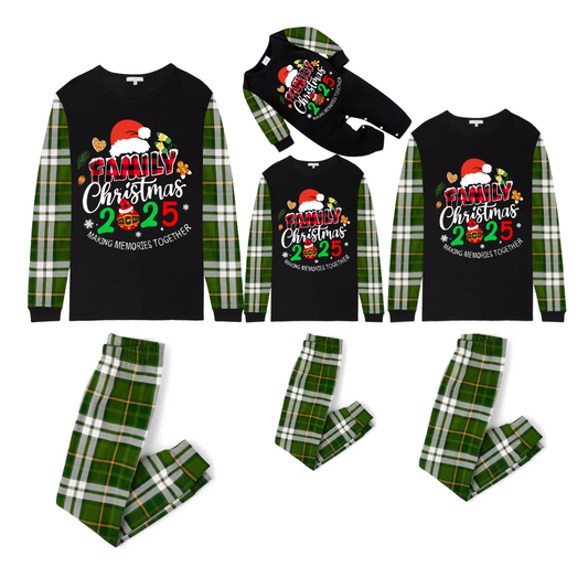 Merry Christmas 2025 Making Memories Family Pajamas Set - Black Top, Green Pants, Green Plaid Sleeves, Santa & Gingerbread Print