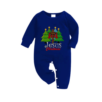 Christmas Family Matching Pajamas-Navy & White Plaid Pjs Set with Christmas Tree and "Jesus Christmas" Print
