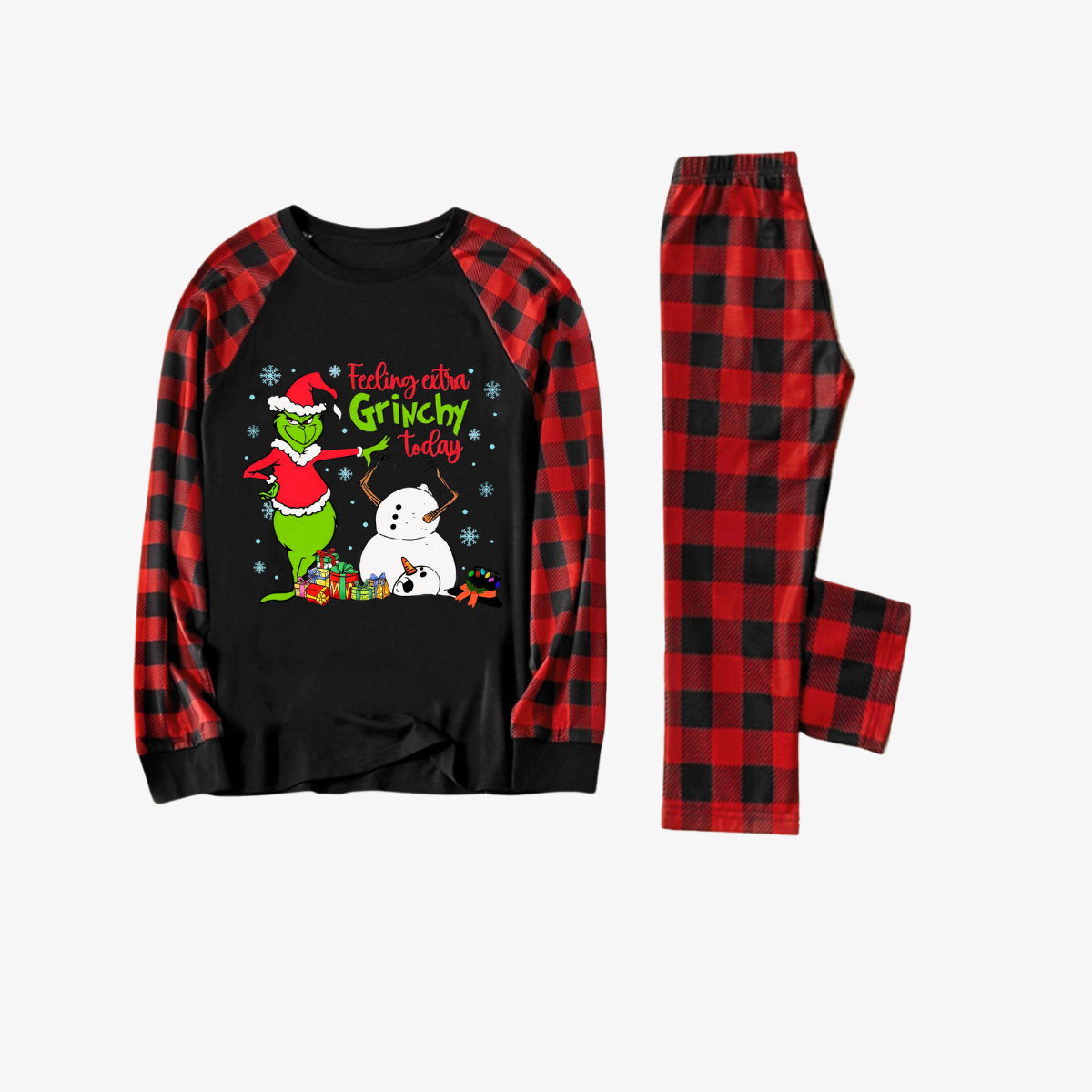 Red and Black Plaid Christmas Pajamas Set With Grinch and Snowman Print