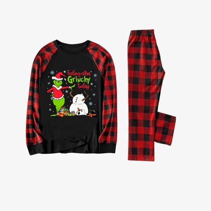 Red and Black Plaid Christmas Pajamas Set With Grinch and Snowman Print