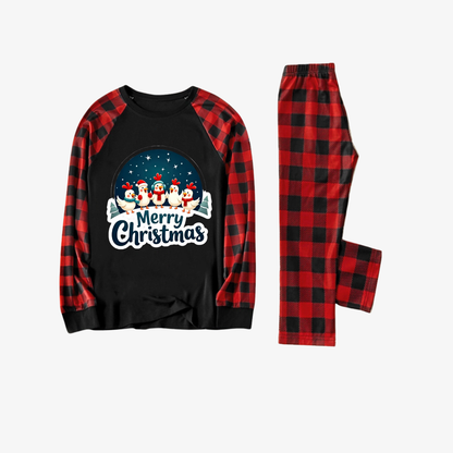 Red and Black Plaid Christmas Pajamas Set With Happy Chickens and "Merry Christmas" Text Print