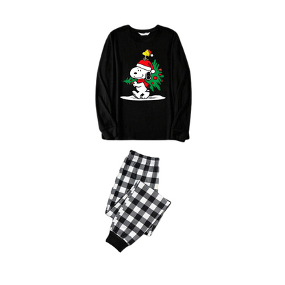 Snoopy Dog Printed Black and White Plaid Christmas Family Pajama Set