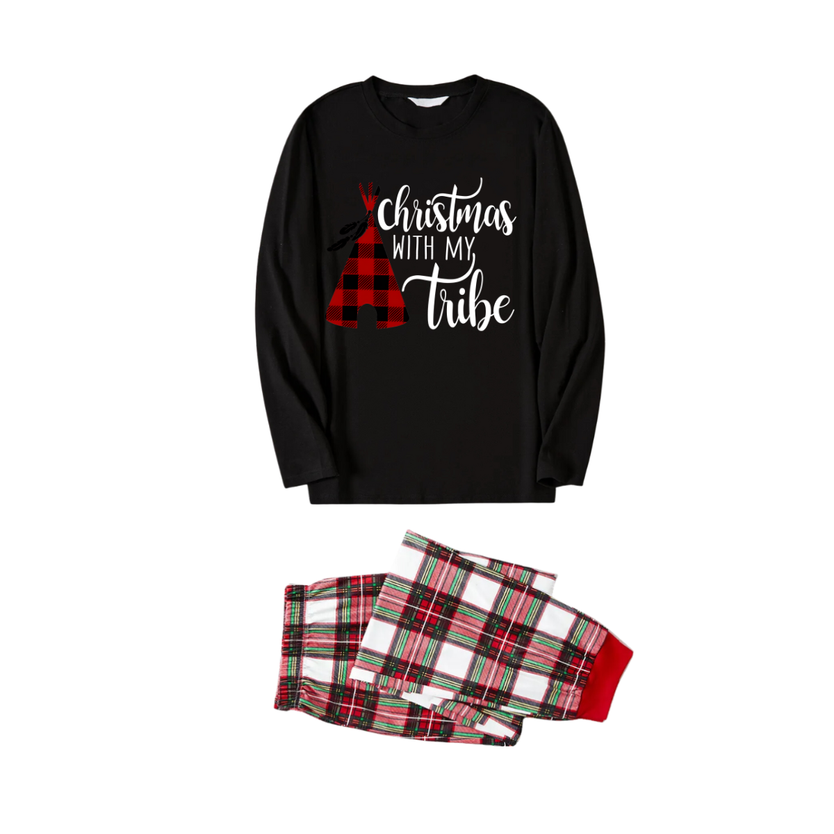 Christmas Text Print Black Long Sleeve Top with Red & White & Green Plaid Family Matching Pajamas