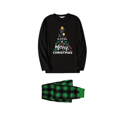 "We Wish You a Merry Christmas" Printed Pattern Black Long Sleeve Top with Black & Green Plaid Pants Couple Matching Pajamas
