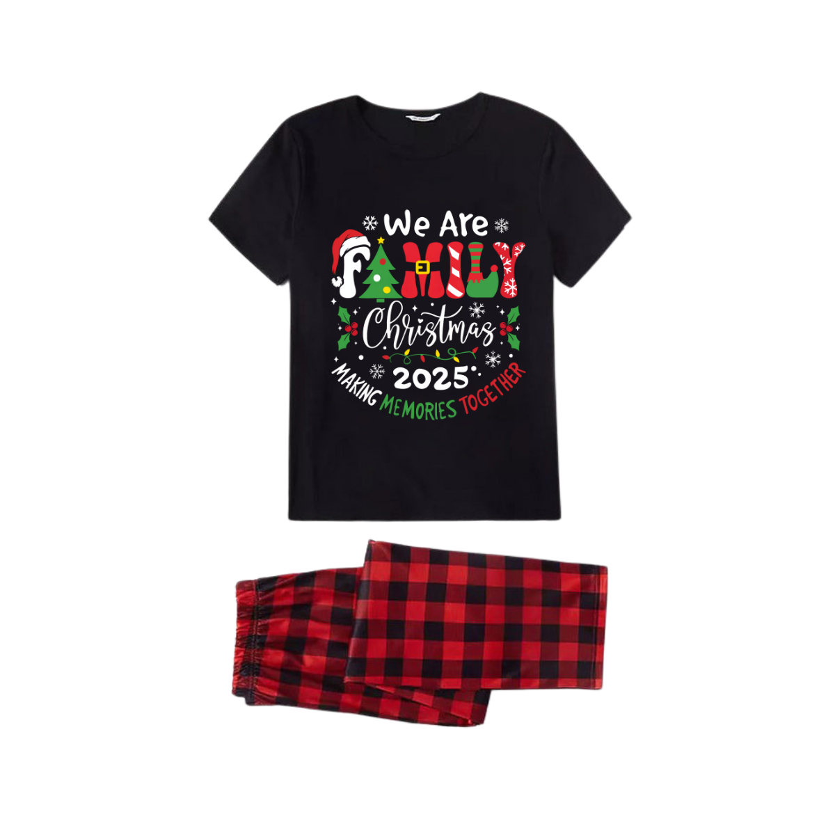 We Are Family Christmas 2025 Family Pajamas Set - Black Top Red Pants Red Plaid Pattern Christmas Letter Print
