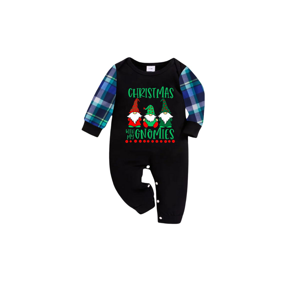 Blue and Green Plaid Christmas Pajamas Set With "Christmas With My Gnomies" Text Print