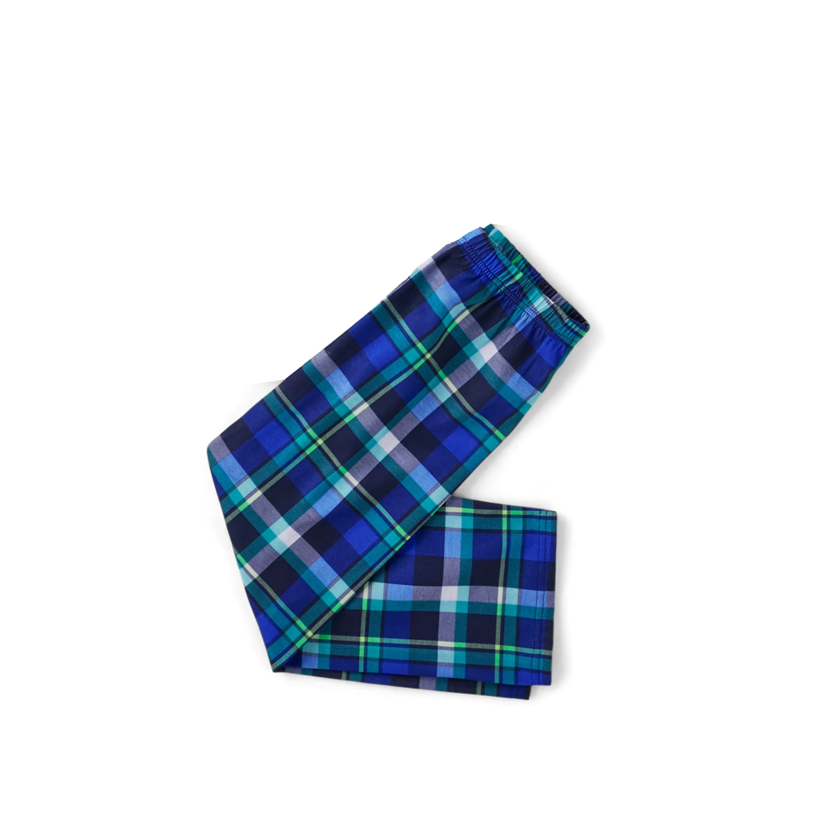 Blue and Green Plaid Christmas Pajamas Set With Christmas trees and "Family Christmas" White and Black Print