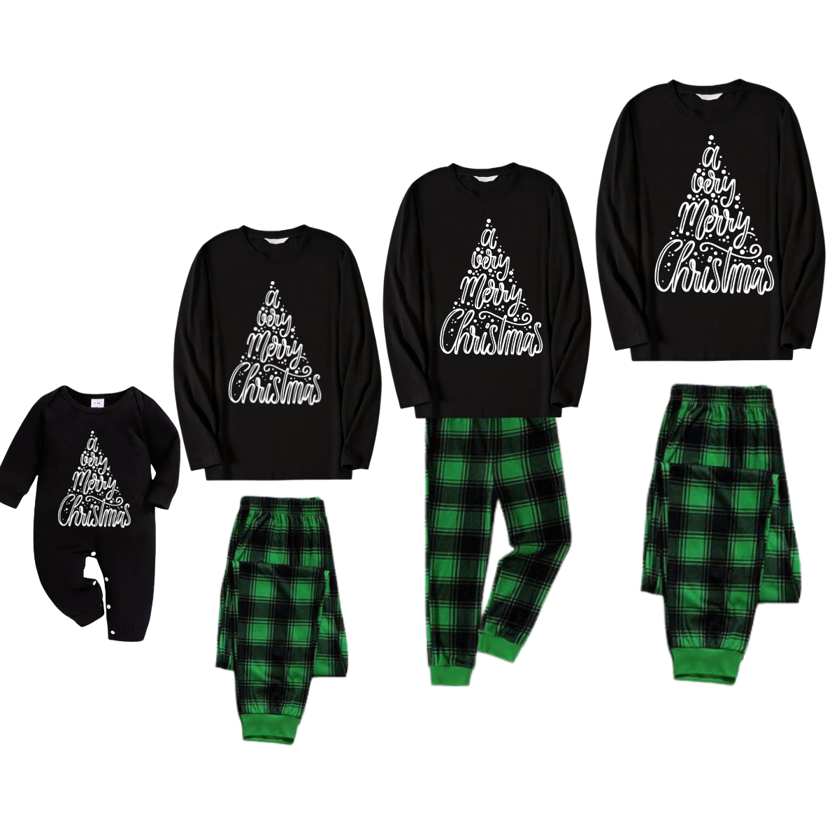 "A Very Merry Christmas"  Black Long Sleeve Top with Black And Green Plaid Pants Family Matching Pajamas
