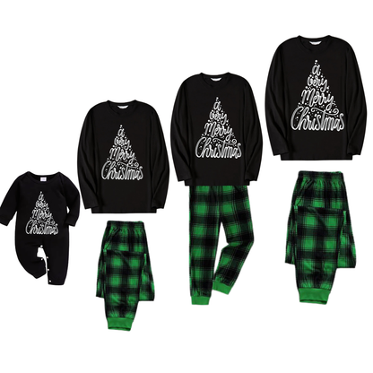 "A Very Merry Christmas"  Black Long Sleeve Top with Black And Green Plaid Pants Family Matching Pajamas