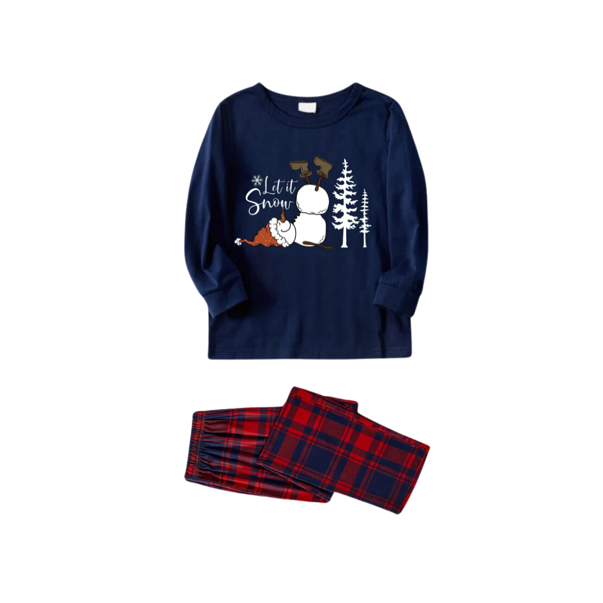 "Let it Snow" Slogan and Snowman Printed Red and Blue Plaid Christmas Matching Pajamas