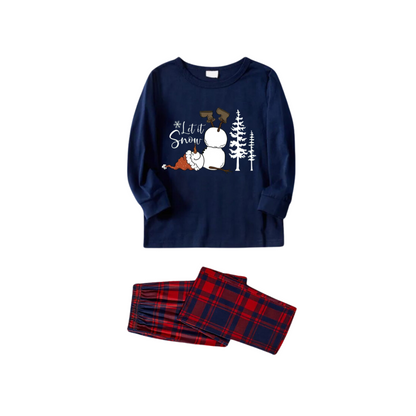 "Let it Snow" Slogan and Snowman Printed Red and Blue Plaid Christmas Matching Pajamas