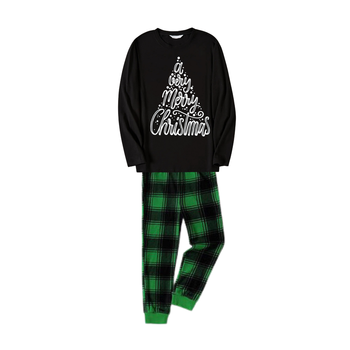 "A Very Merry Christmas"  Black Long Sleeve Top with Black And Green Plaid Pants Family Matching Pajamas