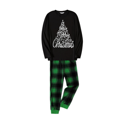 "A Very Merry Christmas"  Black Long Sleeve Top with Black And Green Plaid Pants Family Matching Pajamas