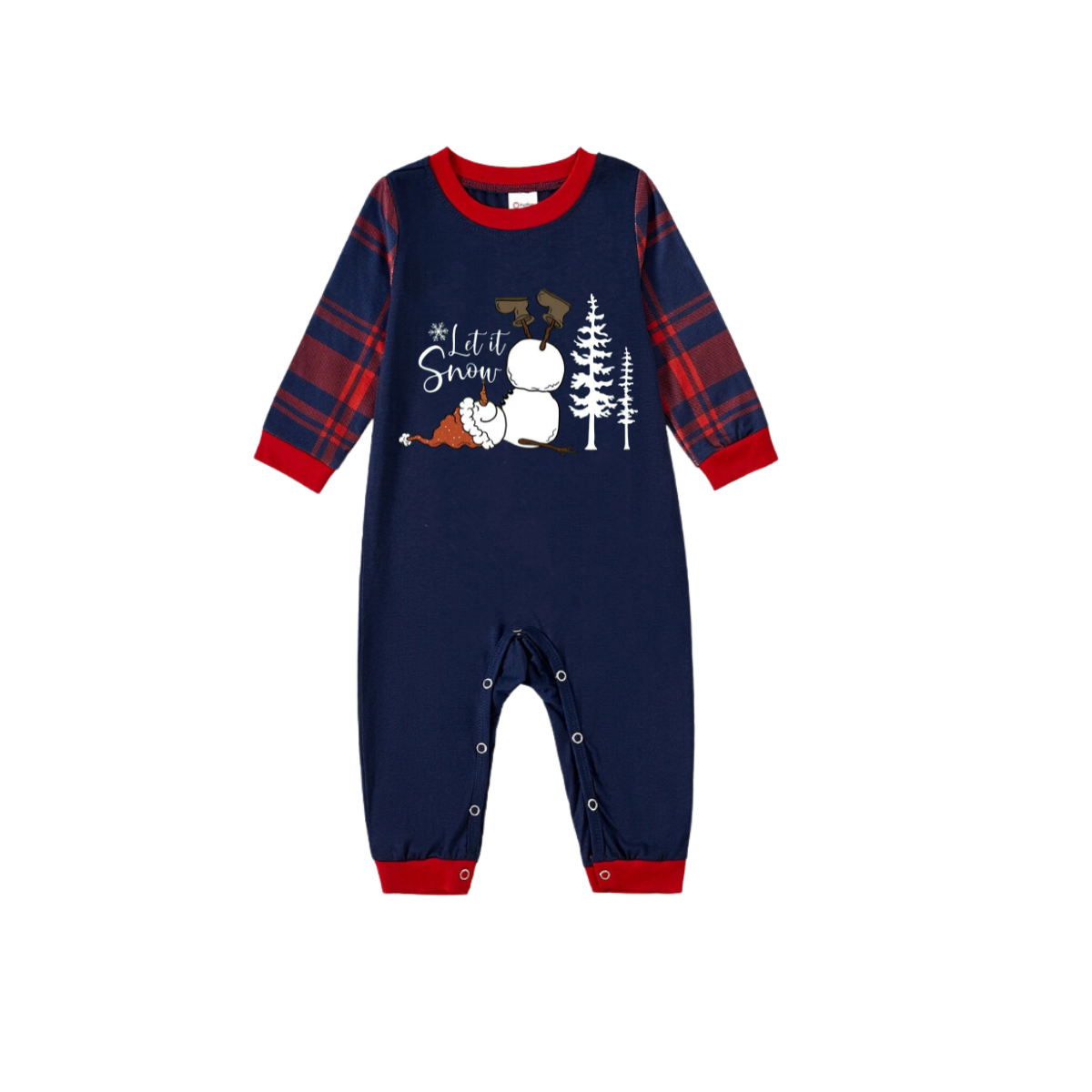 "Let it Snow" Slogan and Snowman Printed Red and Blue Plaid Christmas Matching Pajamas