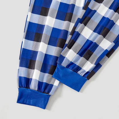 "Christmas With My Tribe"  Pattern Blue Long Sleeves with Blue&White&Black Plaid Pants Family Matching Pajamas
