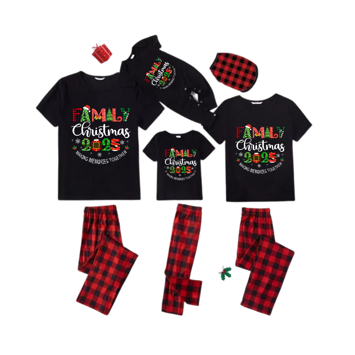 Family Christmas 2025 Family Pajamas Set - Black Top Red Pants Red Plaid Pattern Christmas Letter Print