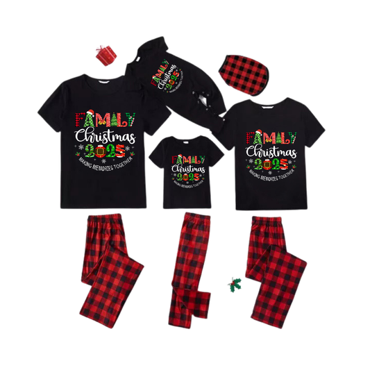 Family Christmas 2025 Family Pajamas Set - Black Top Red Pants Red Plaid Pattern Christmas Letter Print