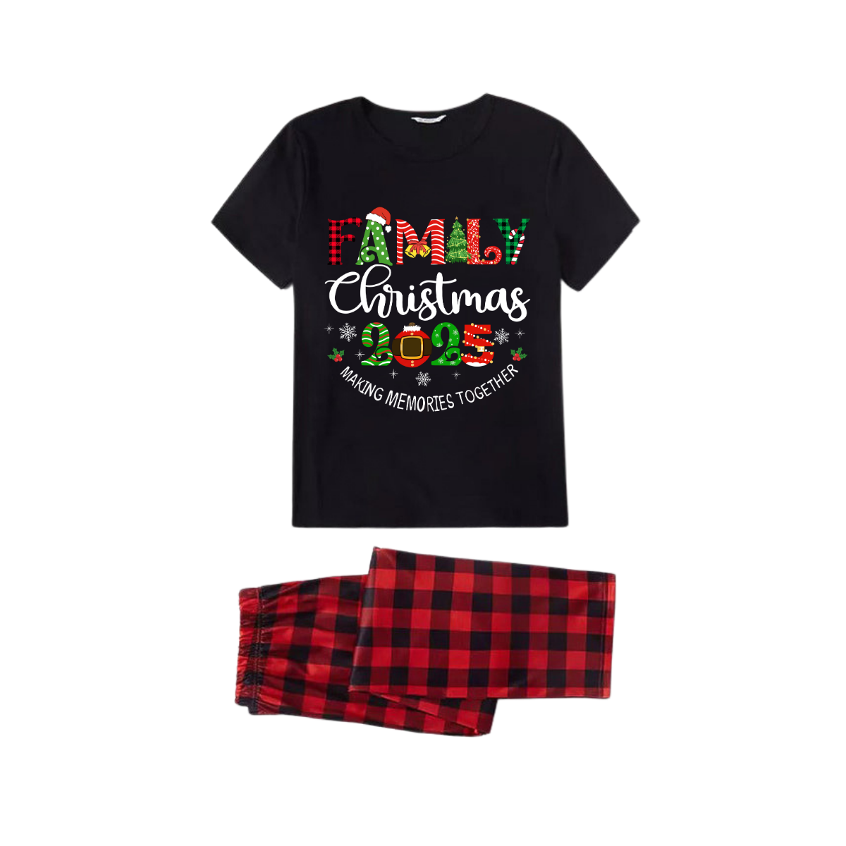 Family Christmas 2025 Family Pajamas Set - Black Top Red Pants Red Plaid Pattern Christmas Letter Print