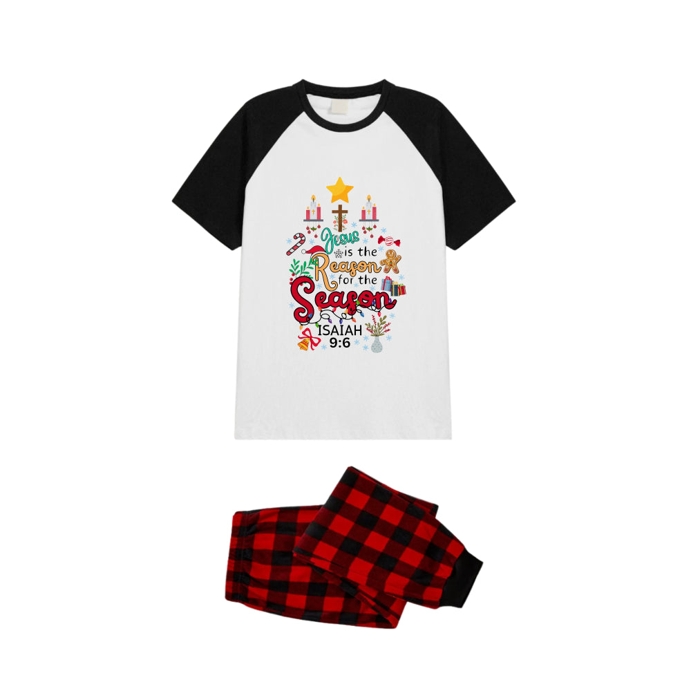 Black and Red Plaid Raglan Short Sleeve Pajamas Set With "Jesus Is The Reason For The Season" Print