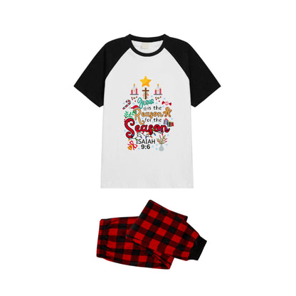 Black and Red Plaid Raglan Short Sleeve Pajamas Set With "Jesus Is The Reason For The Season" Print