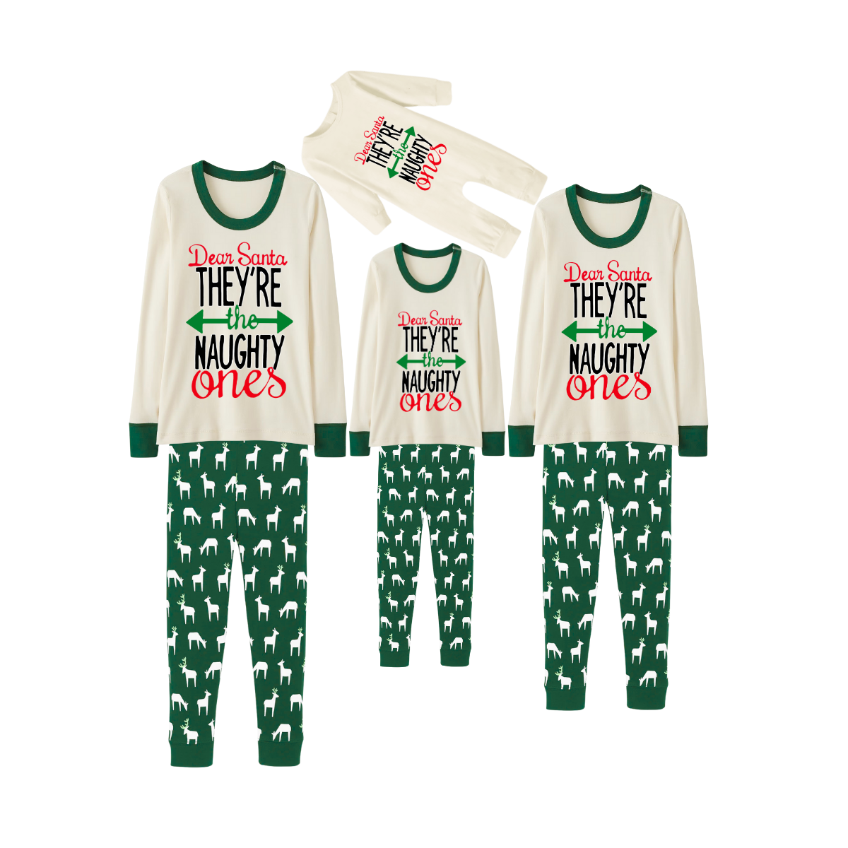 Green Cute Deer Print Christmas Pajamas Set With "Dear Santa They're the Naughty Ones" Text Print