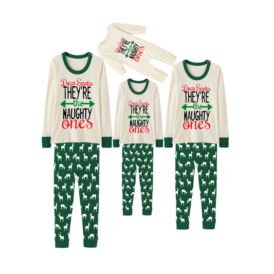 Green Cute Deer Print Christmas Pajamas Set With "Dear Santa They're the Naughty Ones" Text Print