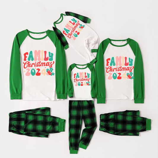 Christmas �� Family Christmas 2024�� Letter Print Patterned  Casual Long Sleeve Sweatshirts Green Contrast Tops and Black and Green Plaid Pants  Family Matching Raglan Long-sleeve Pajamas Sets With Dog Bandana
