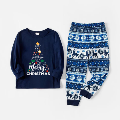 "We Wish You a Merry Christmas" Print Blue Family Christmas Matching Pajamas