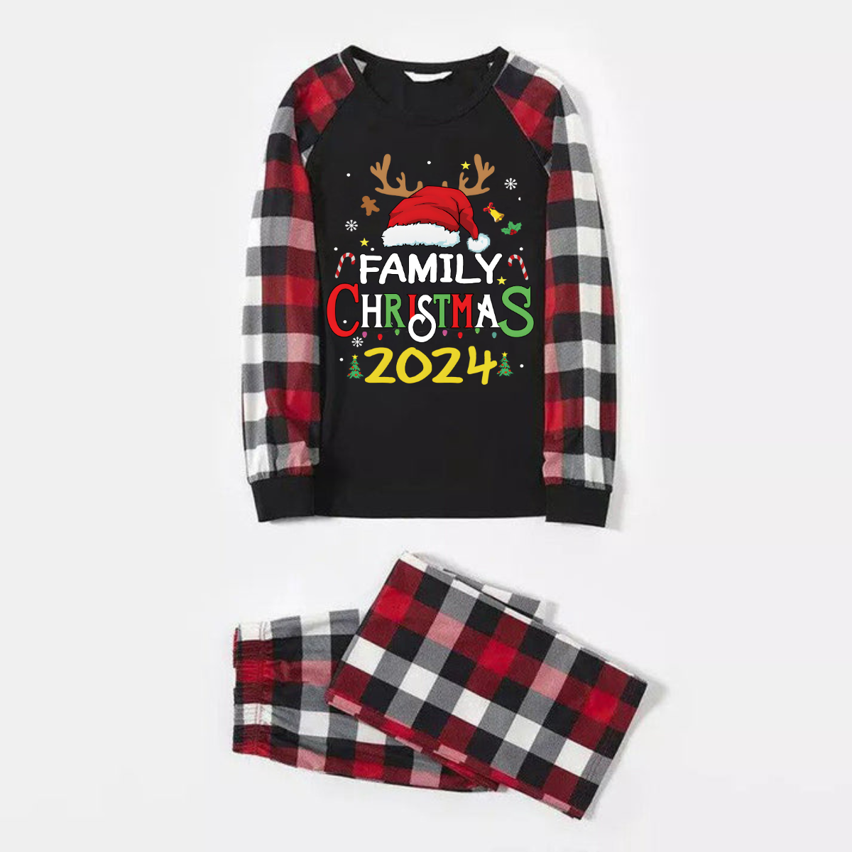 Family Christmas Shirts Santa Hat Christmas Deer Patterned and 'FAMILY CHRISTMAS 2024  ' Letter Print Contrast Tops and Red & Black & White Plaid Pants Family Matching Pajamas Set With Dog Bandana