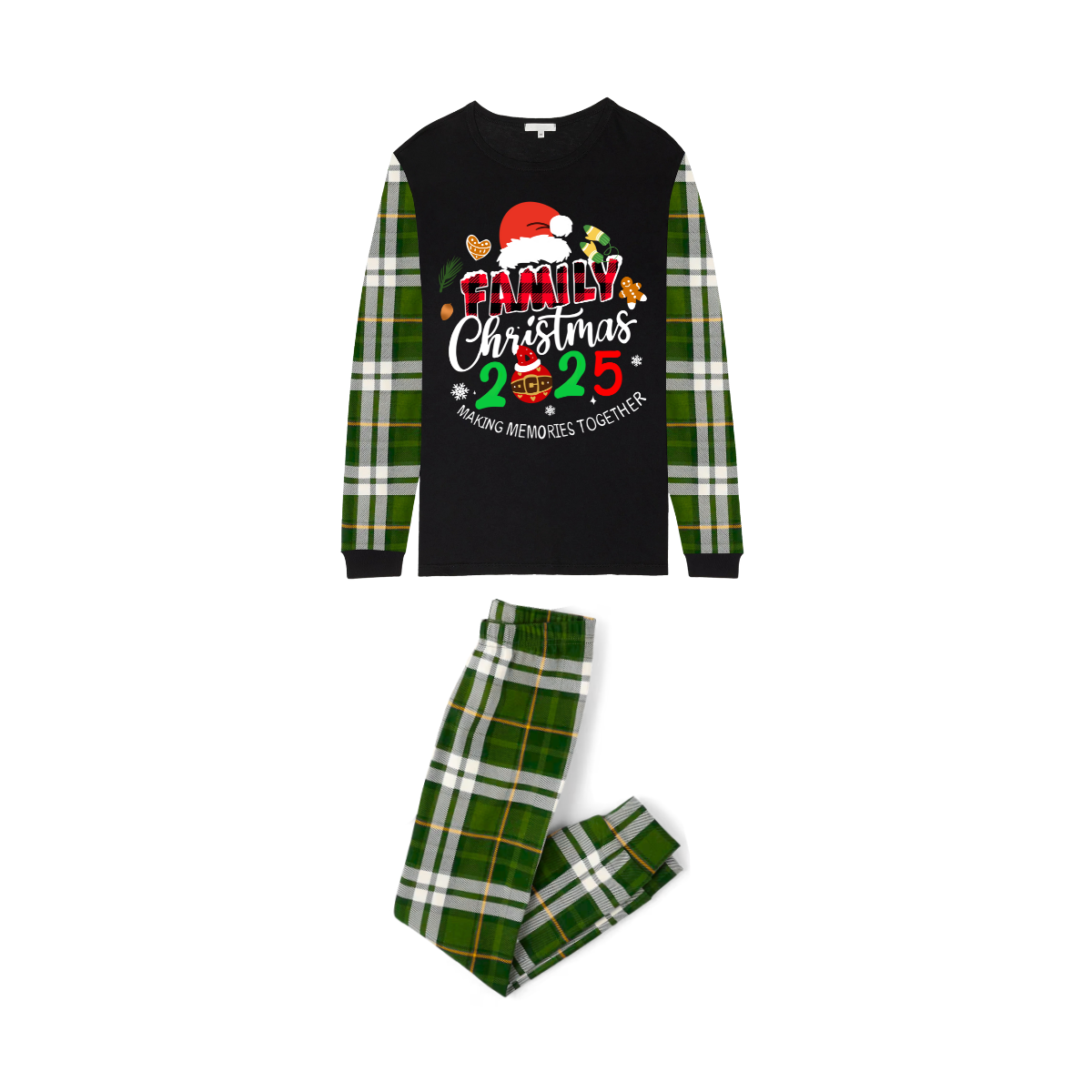 Merry Christmas 2025 Making Memories Family Pajamas Set - Black Top, Green Pants, Green Plaid Sleeves, Santa & Gingerbread Print