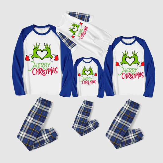 Merry Christmas 2025 Making Memories Family Pajamas Set - White Top, Blue Pants, Blue-Green Plaid Sleeves
