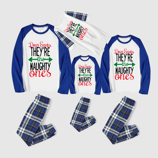 Dear Santa Naughty Ones Family Pajamas Set - White Top, Blue Plaid Pants, Raglan Sleeves