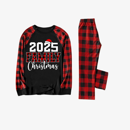 "2025 Family Christmas" Text Print Black & Red Plaid Christmas Matching Pajamas