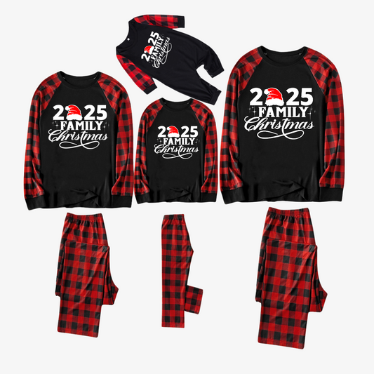 "2025 Family Christmas" Letter Print Black & Red Plaid Family Matching Black Pajamas