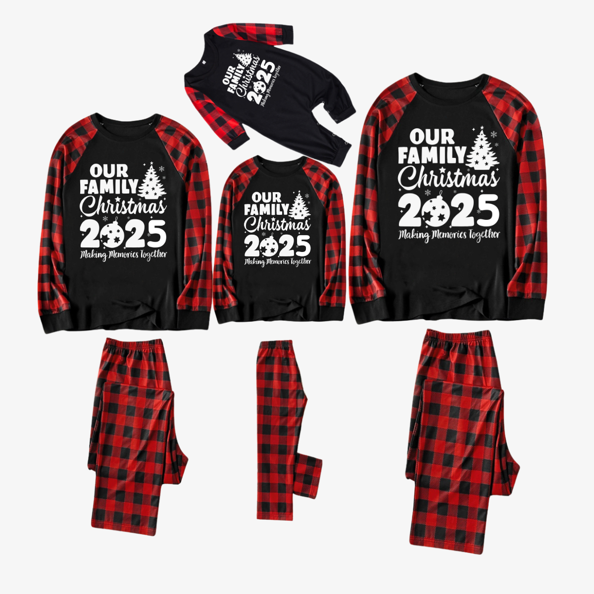 Christmas Family Christmas 2025 Letter Print Patterned Contrast Black top and Black & Red Plaid Pants Family Matching Pajamas Set